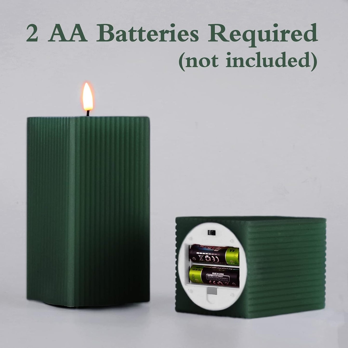 Dark Ribbed Flameless Candles / Green / Set of 2