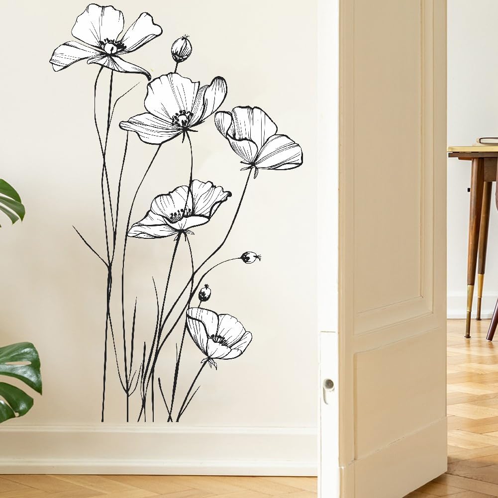 White Poppy Flower Wall Decal Minimalist Sketch Botanical Wall Art PVC Peel Stick Wall / B / Black
