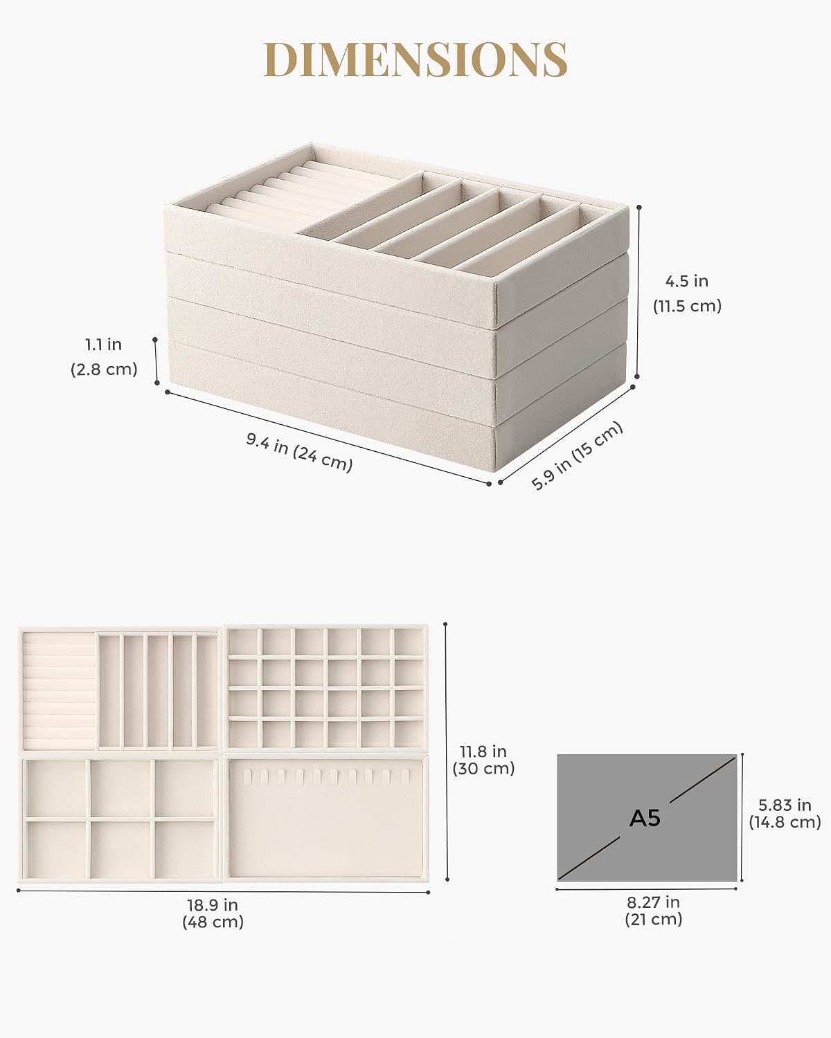 Stackable Velvet Tray Jewelry Storage Organizers Set Display Cases / Beige / A5 Size, 4 Packs