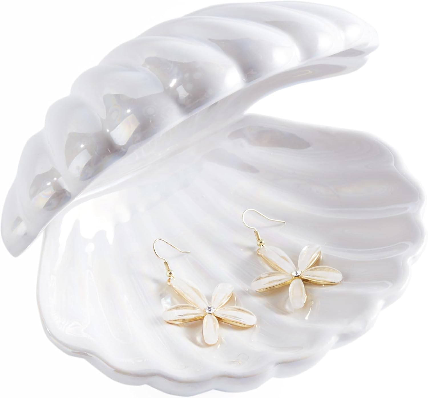 Ceramic Trinket Tray Clamshell Jewelry Storage Dish / White