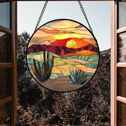Desert Cactus Stained Glass Window Hanging Suncatcher Gifts for Women 7.8"