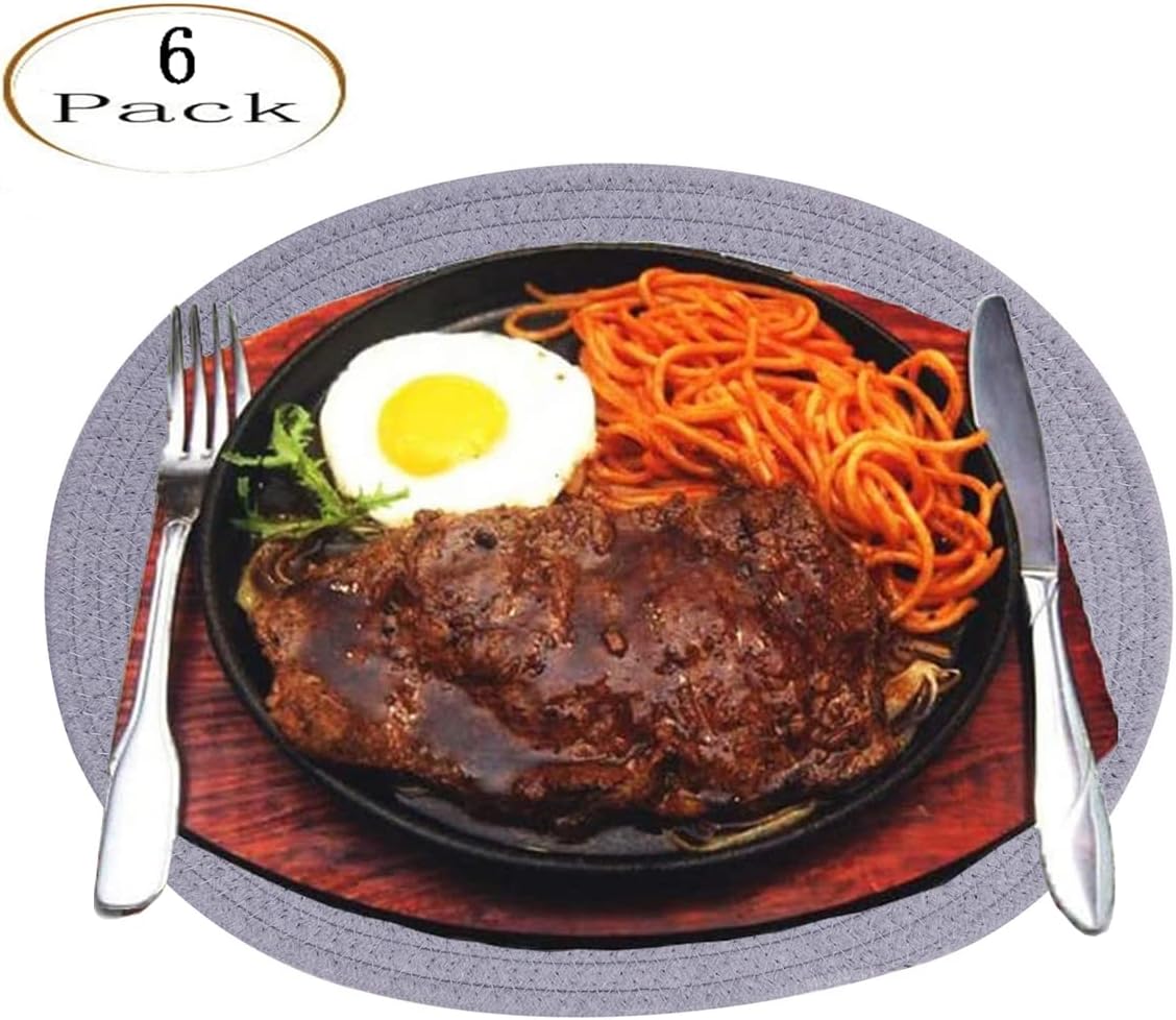 6 Pack Woven Placemats, 12x16 inches Gray Oval Plate Charger Cotton Heat Resistant Non-Slip Weave Place mats Farmhouse