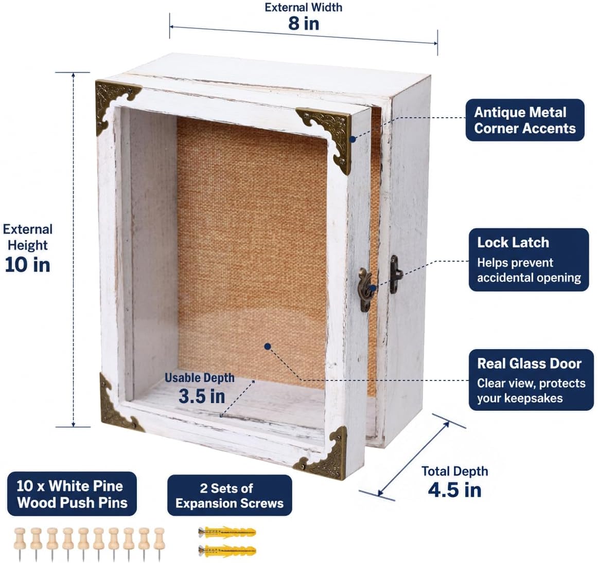 Deep Shadow Box Frame 8x10 with 3.5" Depth, White Wood Display Case with Real Glass Door, Vintage Lock, Extra Deep