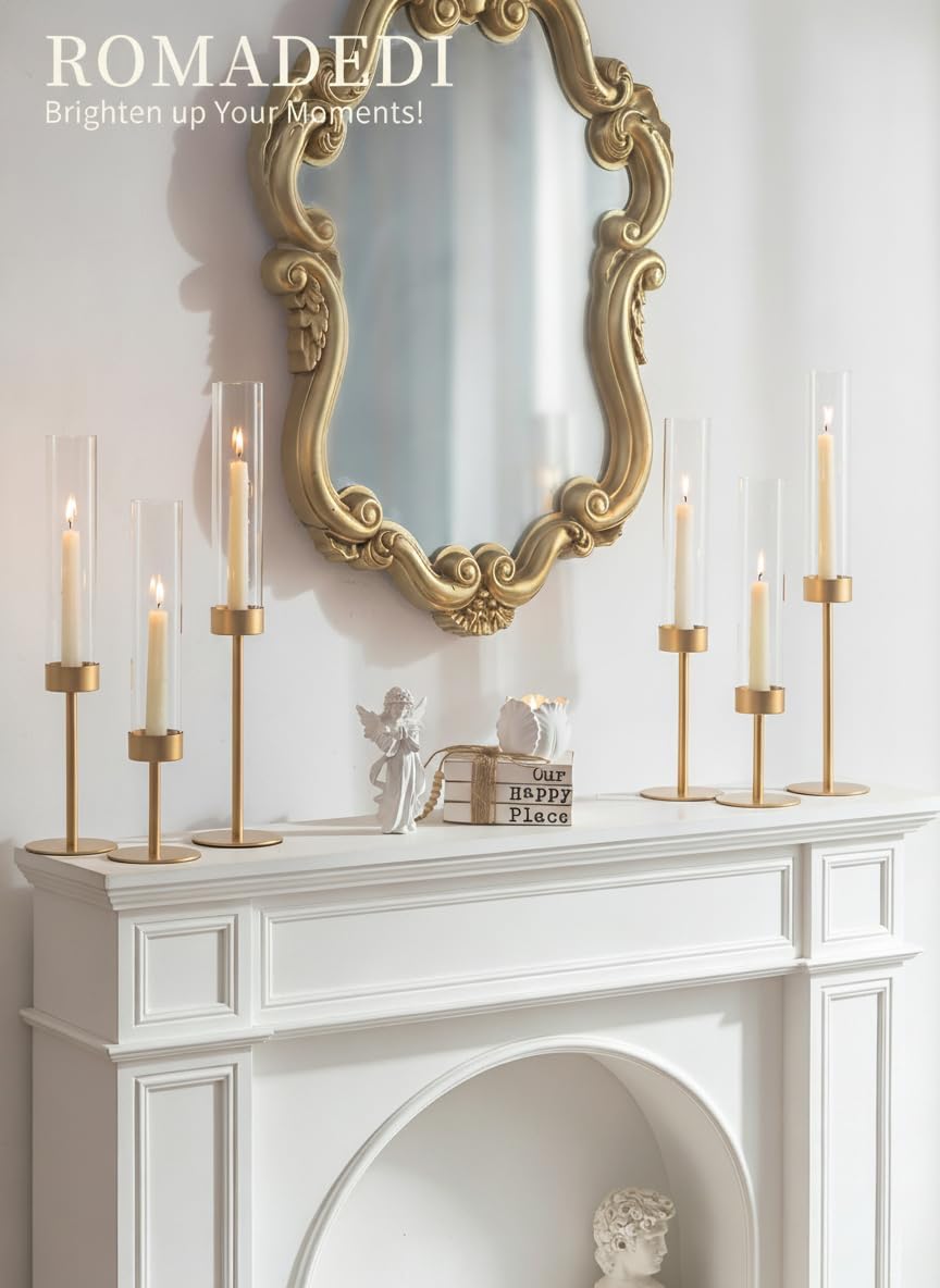 Romadedi Glass Hurricane Candle Holders for Candlestick, Gold, Set of 6 | Removable Borosilicate Clear Glass Cylinder