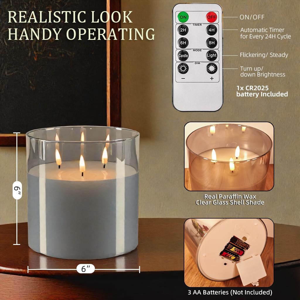NICEME Extra Large 3 Wick Battery Operated Candle, 6"x6" Big Clear Glass Flameless Candles with Remote, Real Wax