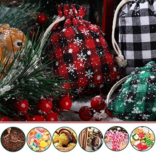 Shappy 24 Pcs Christmas Drawstring Gift Bags Xmas Buffalo Plaid Burlap Advent Bags 5.5 x 4 Inches Linen Treat Candy Bag with 32.8 ft Rope 24 Card(Mixed Colors)