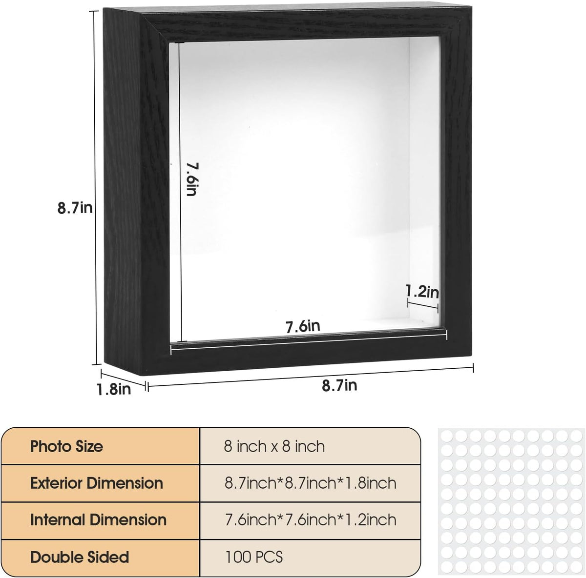 6 Pack Shadow Box Frame 8"x8" - 1.2" Deep Shadow Boxes for Art, Black | Shadow Box Display Case for: Wedding/Memory/Pet