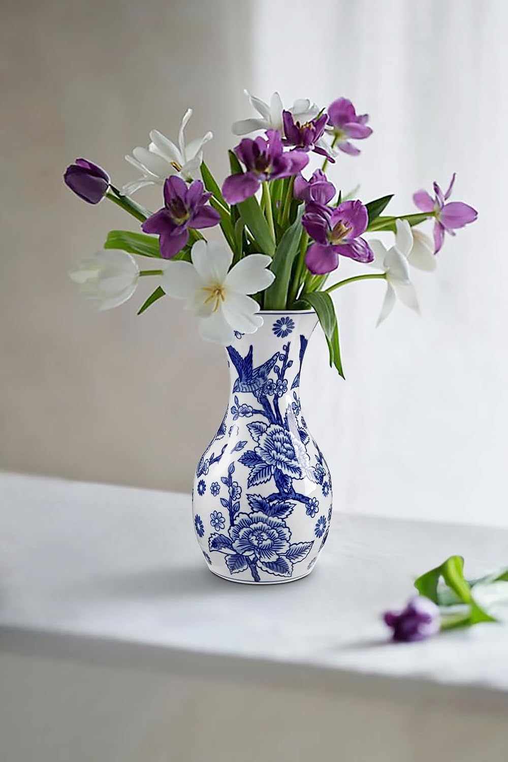 White Ceramic Vase / #birds & Floral Texture / Blue