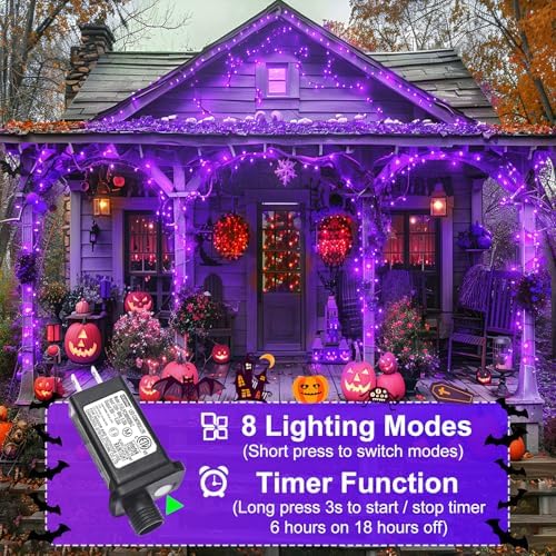 2 Pack Halloween Lights Outdoor, Total 200FT 600 LED Purple String Lights