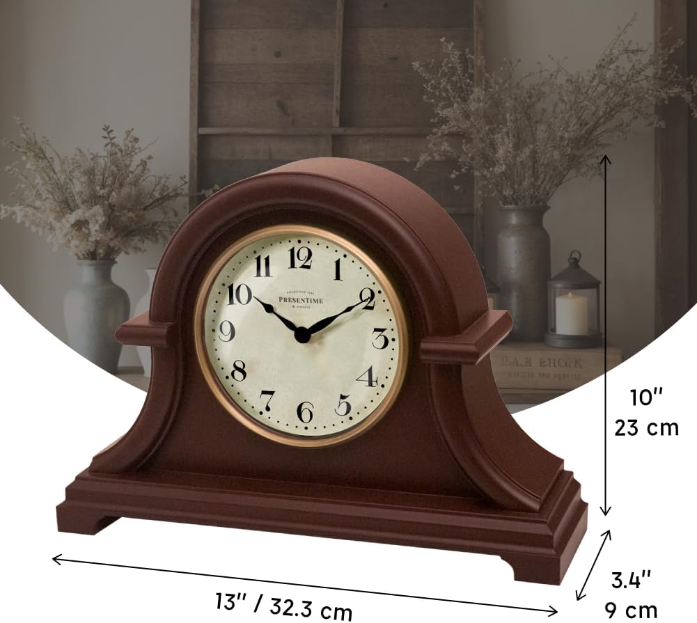 Mantel Clock Vintage Farmhouse Series | Napoleon Desk & Shelf Clock, 13 x 10", Domed Lens, Quartz Movement, Walnut