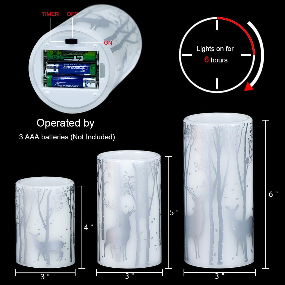 Silver Deer Flameless Candles Battery Operated with 6 Hour Timer | LED Pillar Candles Flickering, Real Wax Warm Light