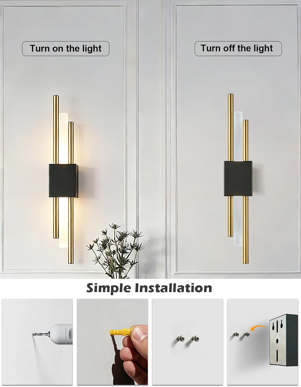 USB Rechargeable Wall Sconces Set of 2, Wireless Cordless Wall Lamp with Dimmable Timer, No Wiring Needed Mounted Wall