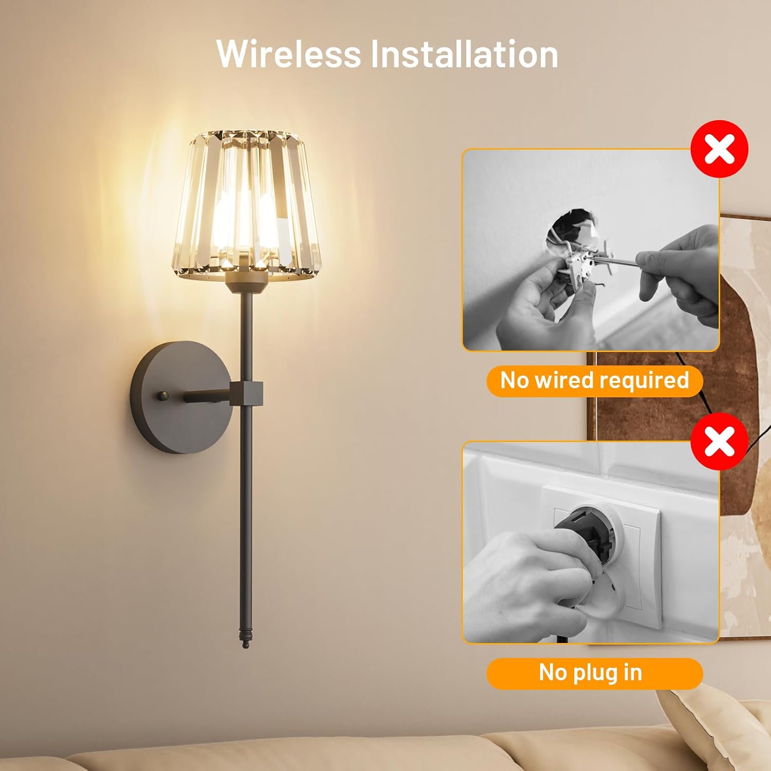 Crystal Battery Operated Wall Sconces Set of 2, Black Rechargeable Wireless Wall Sconce Lights with Crystal Lampshade