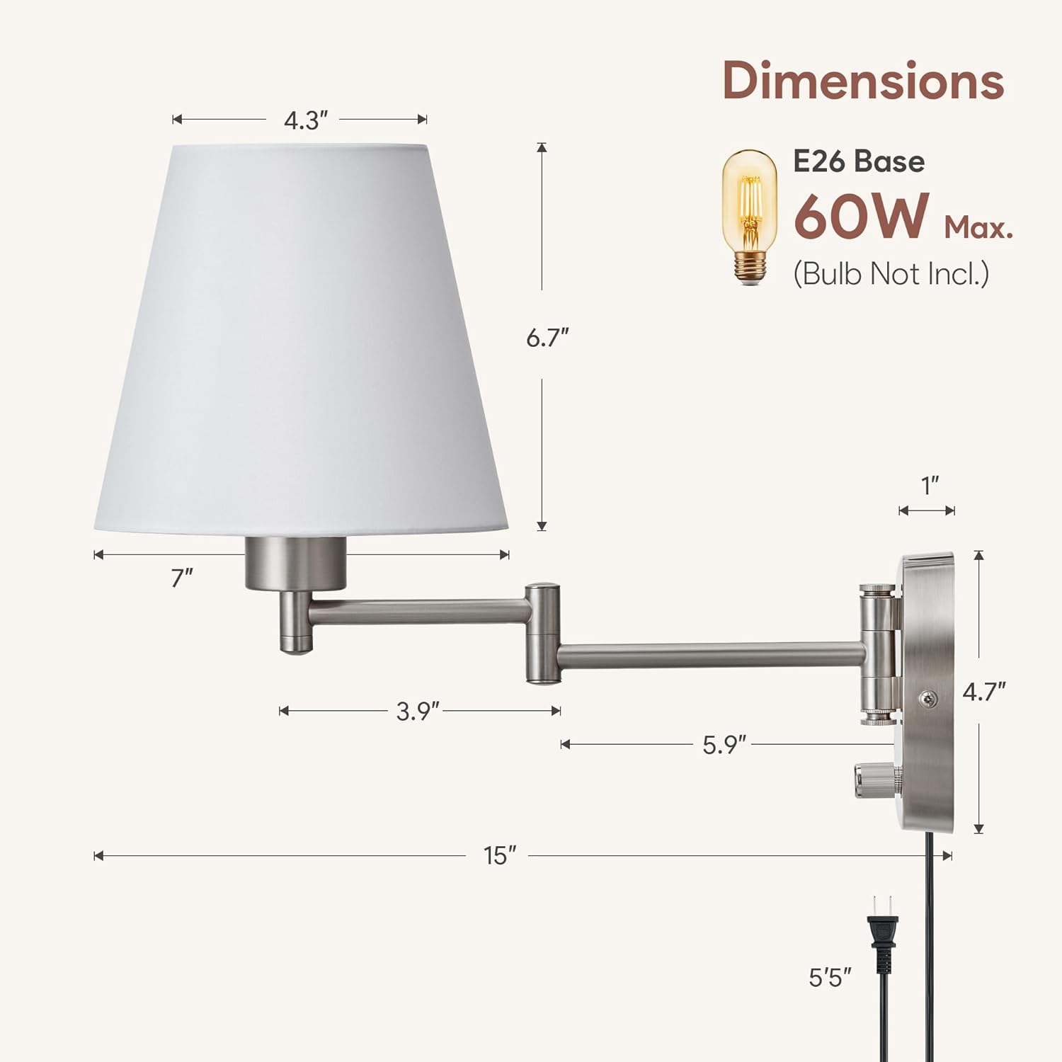 VONLUCE Wall Lamp, Plug in & Swing Arm Wall Sconce, Nickel Finish | Modern Wall Lights with White Fabric Shades, Plug