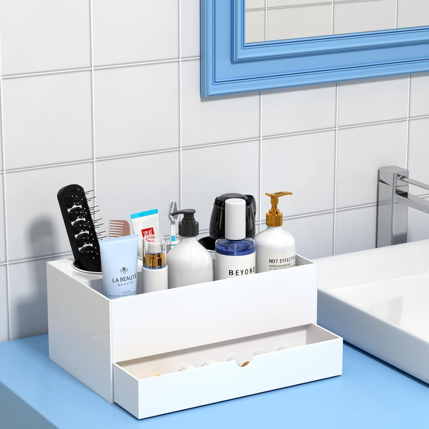 NIUBEE Acrylic Hair Tool Organizer with Drawer, Hair Dryer Holder Organizer | White, Hot Tools Organizer Countertop