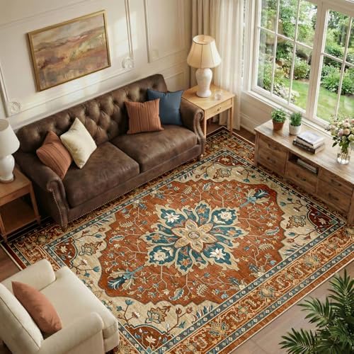 RELEANY Washable Area Rug, 6'x9', Red/Orange/Blue/Brown
