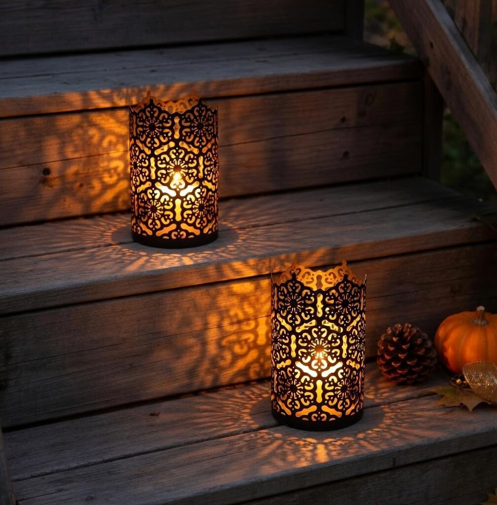 Hosley's Set of 2 Flower 7" High Cut Bronze Candle Holder & Lantern. Ideal for Use with Hosley Highly Scented Candles