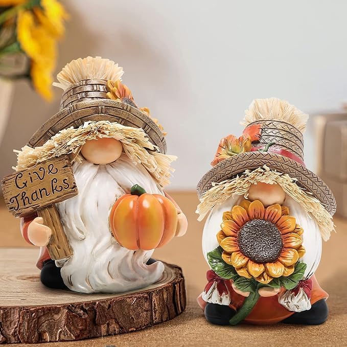 Hodao Fall Decorations for Home - Thanksgiving Gnome Figurines with Sunflower and Pumpkin, Resin Harvest Autumn Decor, Rustic Holiday Accent, for Family, Friends and Housewarming
