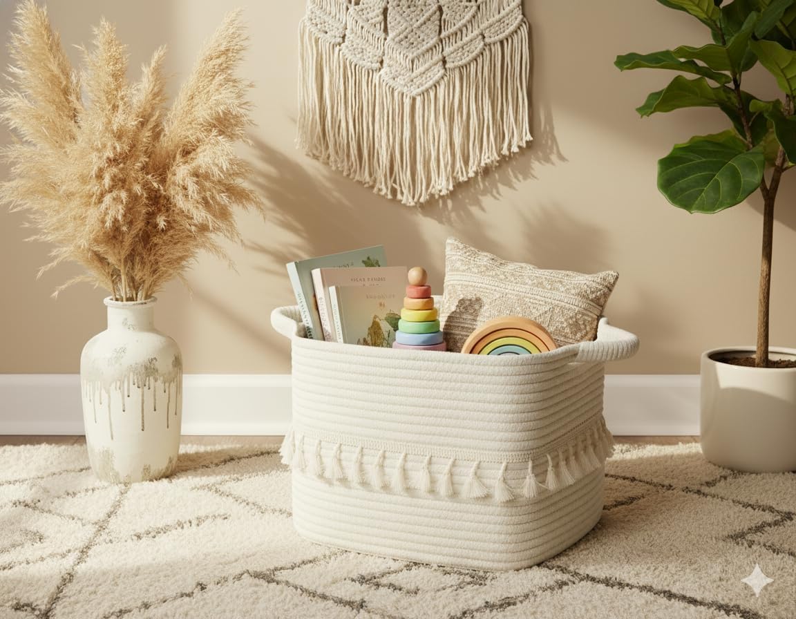 Woven Clothes Basket for Organizing and Storage / White / Set of 3