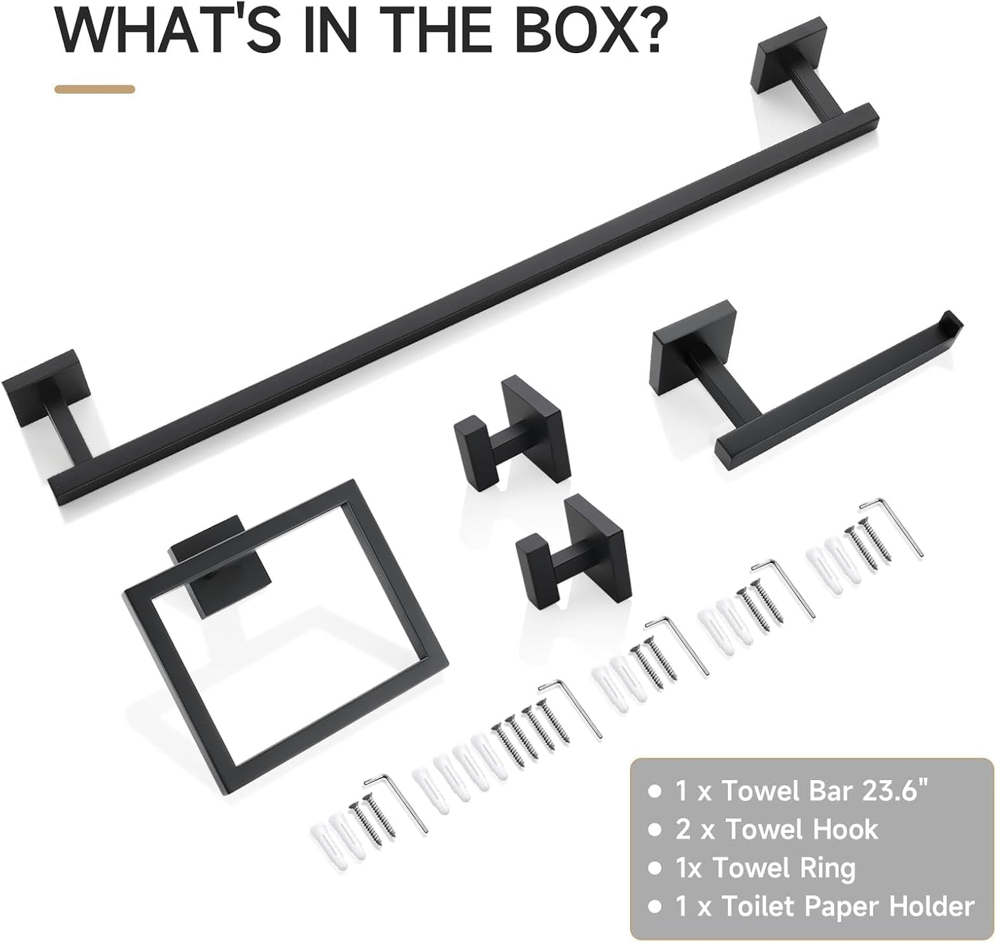 TQKAG 5-Piece Towel Bar Set, 23.6 Inch Bathroom Hardware Set, Matte Black | SUS304 Stainless Steel, Towel Rack for