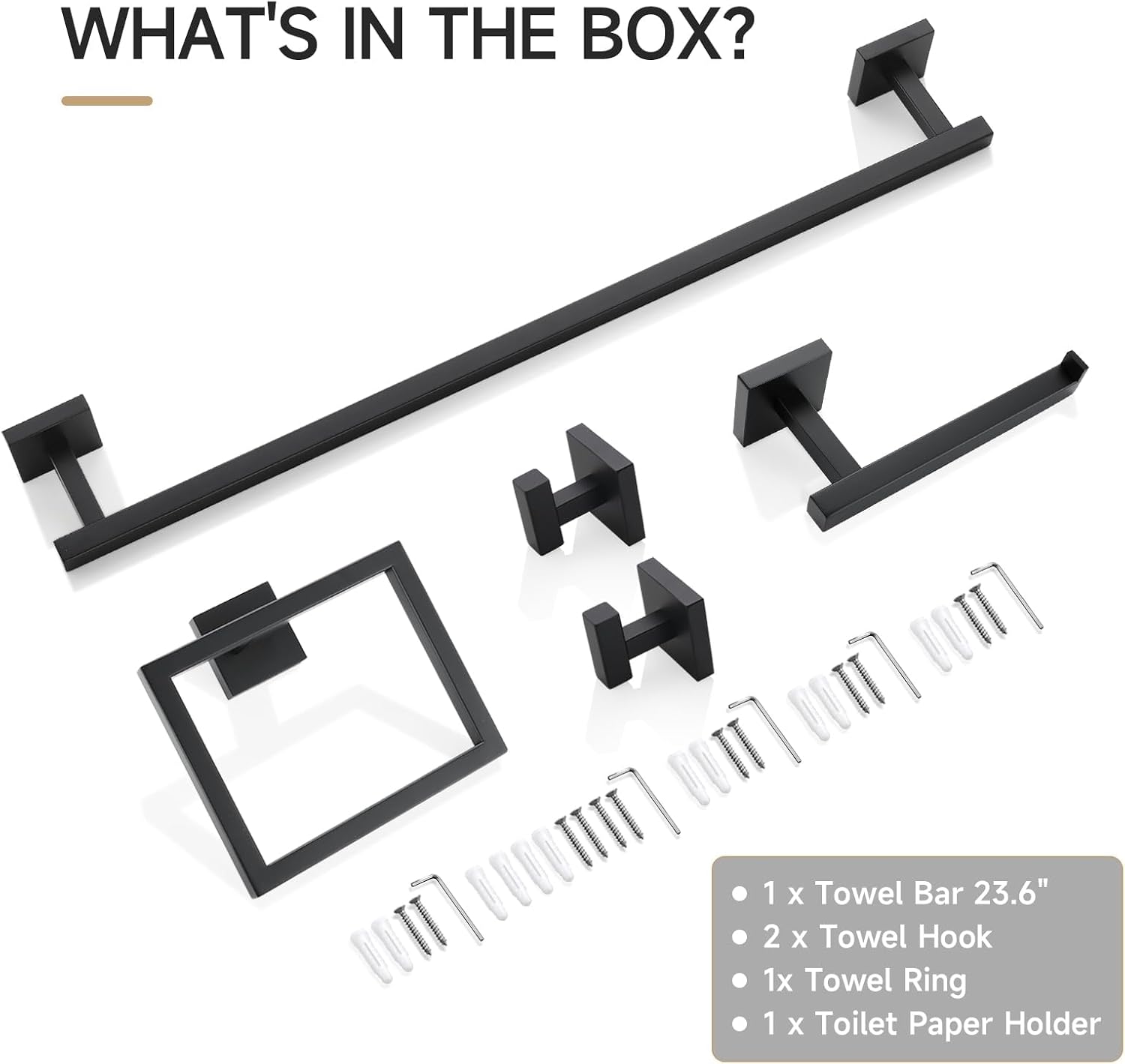 TQKAG 5-Piece Towel Bar Set, 23.6 Inch Bathroom Hardware Set, Matte Black | SUS304 Stainless Steel, Towel Rack for