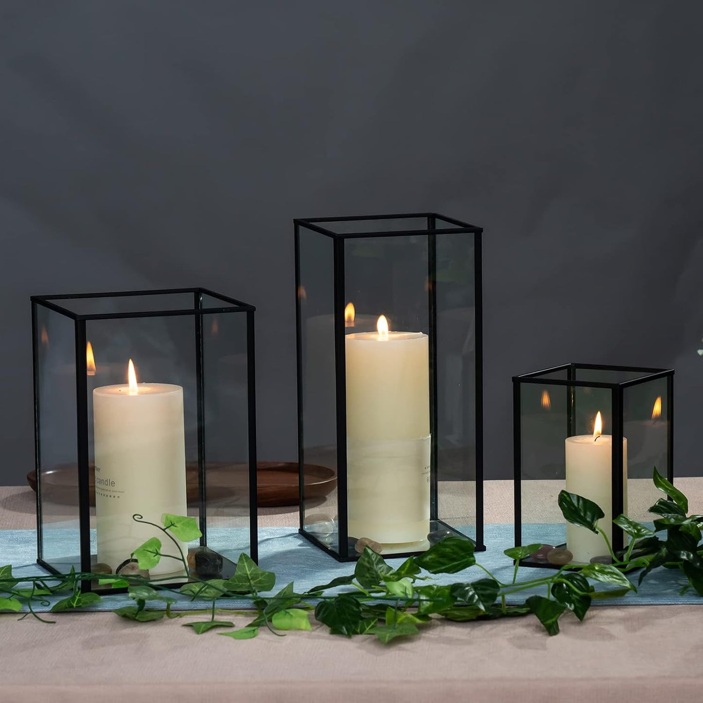 Phosphor Large Glass Hurricane Candle Holder Set of 3 PCS Black Glass Candle Holder for Thankgiving Wedding Party