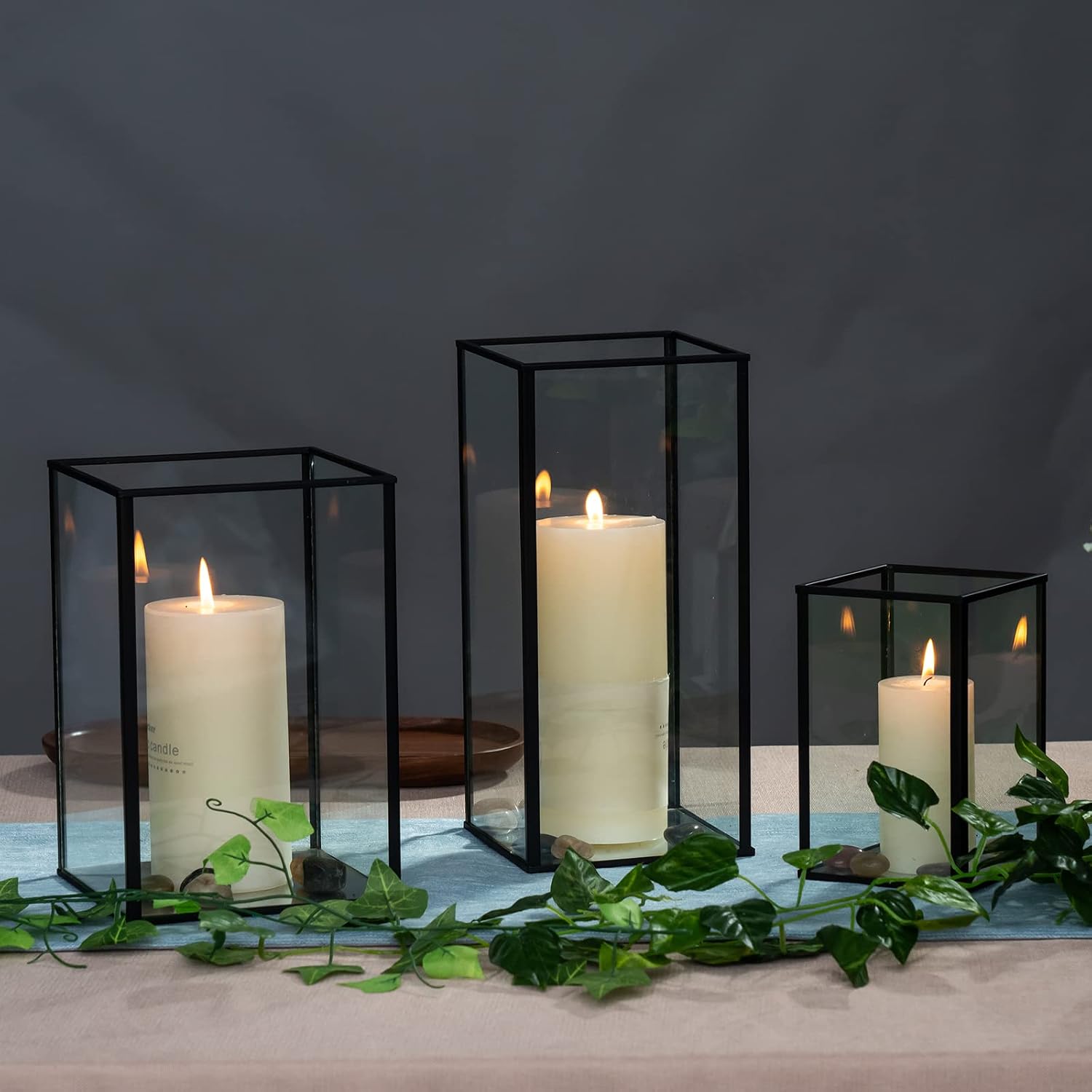 Phosphor Large Glass Hurricane Candle Holder Set of 3 PCS Black Glass Candle Holder for Thankgiving Wedding Party