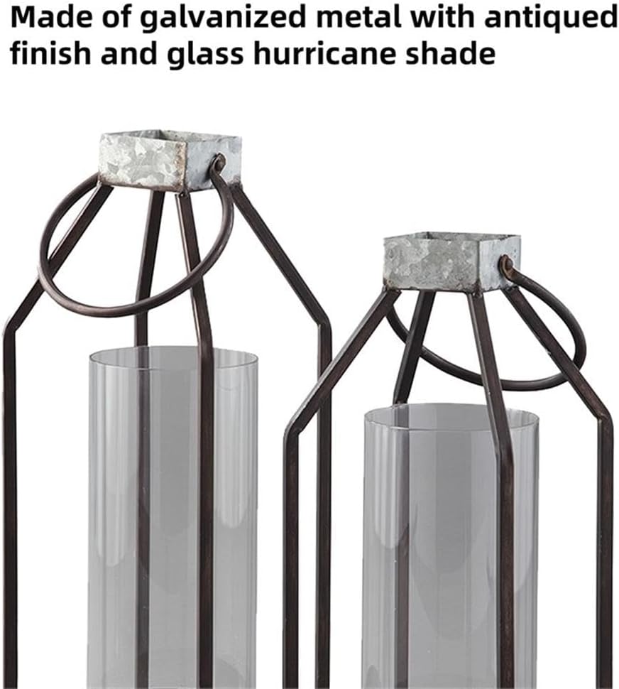 Signature Design by Ashley Diedrick Rustic Lantern, Set of 2, Indoor/Outdoor, Galvanized Metal, Antiqued Finish, Glass