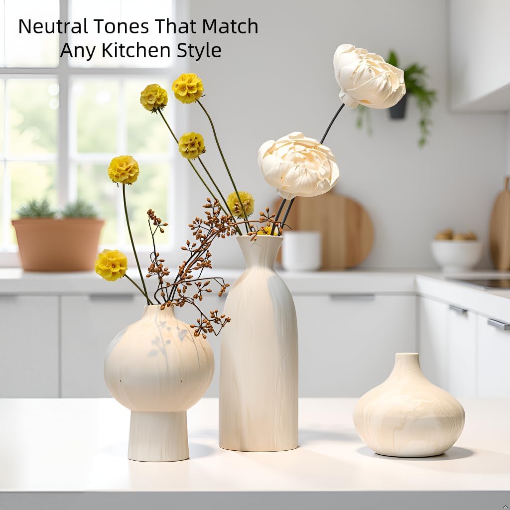 White Ceramic Vase in Beige / White with Stone Texture / 3 Inch / Set of 3