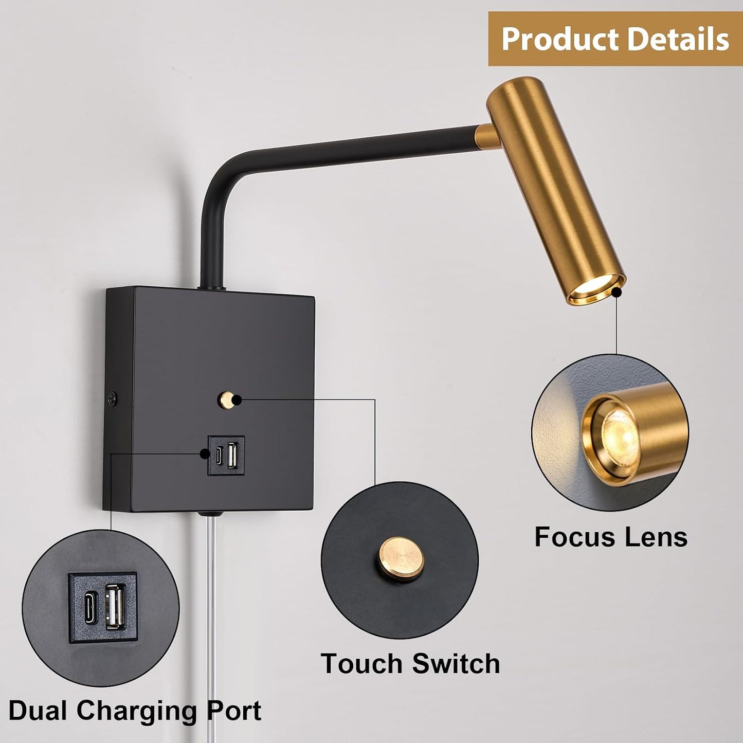 ZEROUNO LED Wall Lamp Wall Mounted Reading Lights, Dimmable Adjustable Headboard Plug in Wall Sconce with USB C+A
