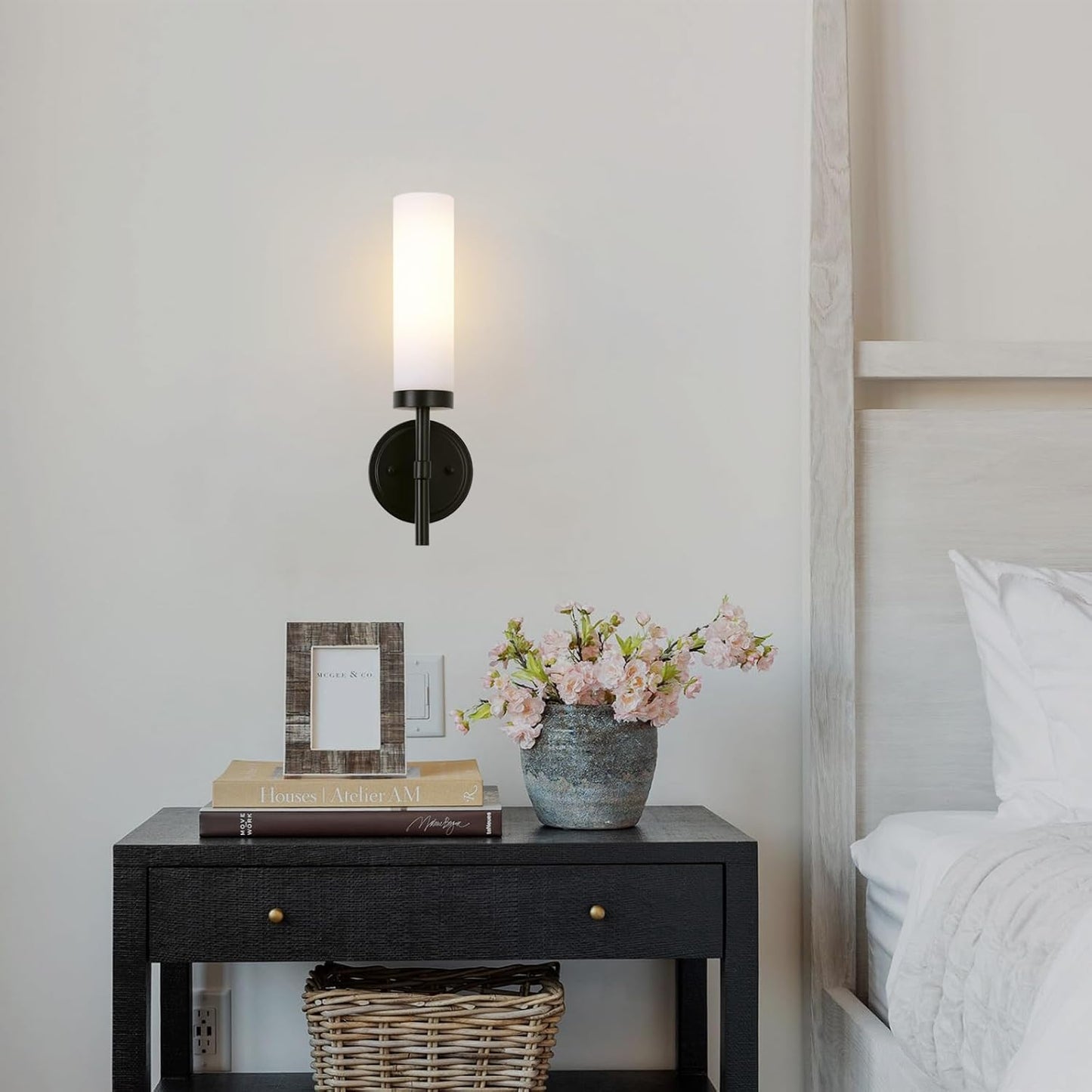 Black Bathroom Wall Sconces Set of 2, Modern Sconces Wall Lighting Vanity Lights with Opal White Glass Shade, Farmhouse
