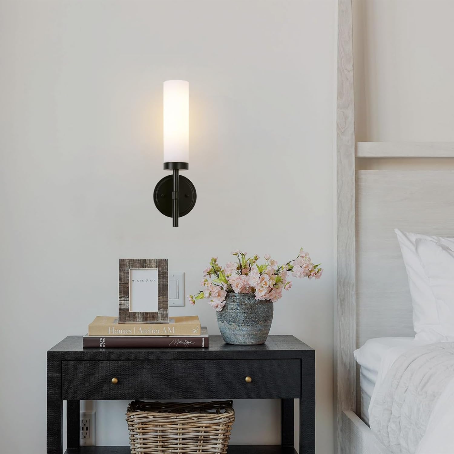 Black Bathroom Wall Sconces Set of 2, Modern Sconces Wall Lighting Vanity Lights with Opal White Glass Shade, Farmhouse