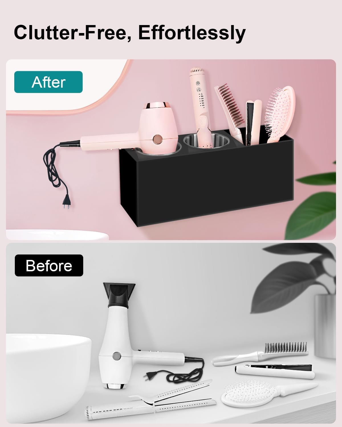 Hair Tool Organizer, Hair Dryer Holder with Heatproof Steel Cups, Acrylic Vanity Organizer for Curling Iron, Flat Iron
