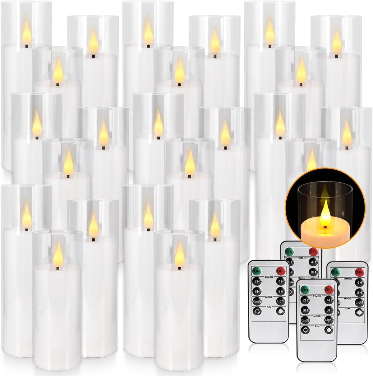 YOROXRG Set of 24 Flickering Flameless Candles Battery Operated with Remote and 2/4/6/8 H Timer Plexiglass Led Pillar