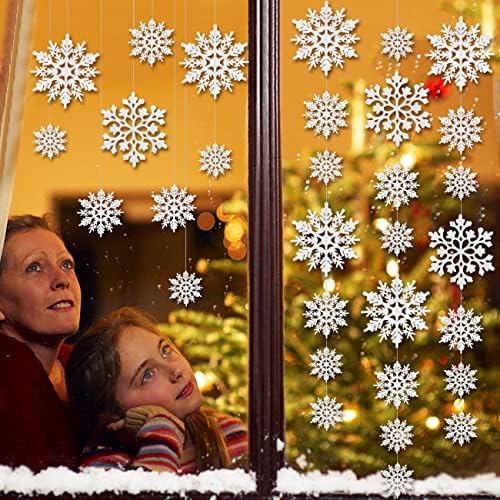 46Pcs Plastic Snowflake Ornament Christmas Glitter Snowflake Hanging Christmas Tree Decorations with Silver Rope for Winter Decorations Tree Window Door Accessories (White)