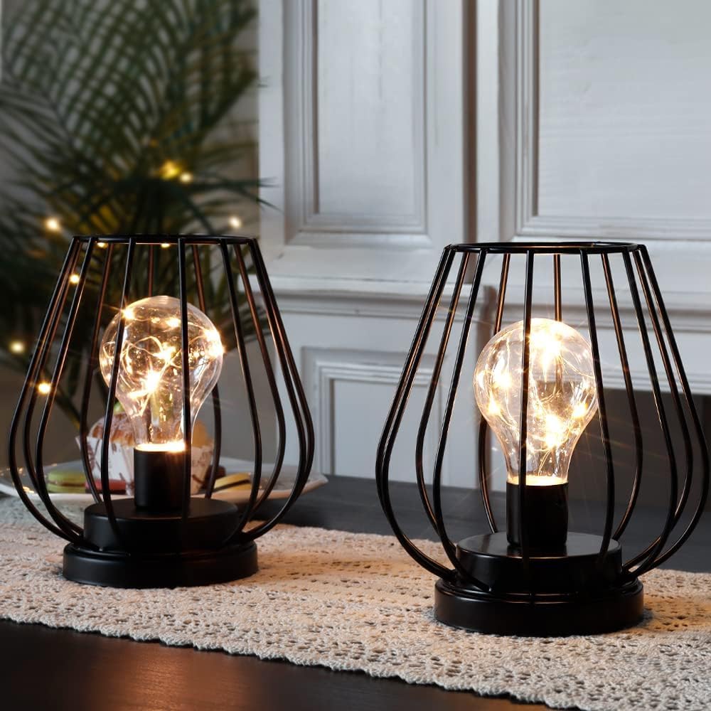 TRIROCKS Set of 2 Metal Battery Operated Lamp 7'' Tall mini Cage Shape Cordless Table Lamp Battery Lanterns with Warm