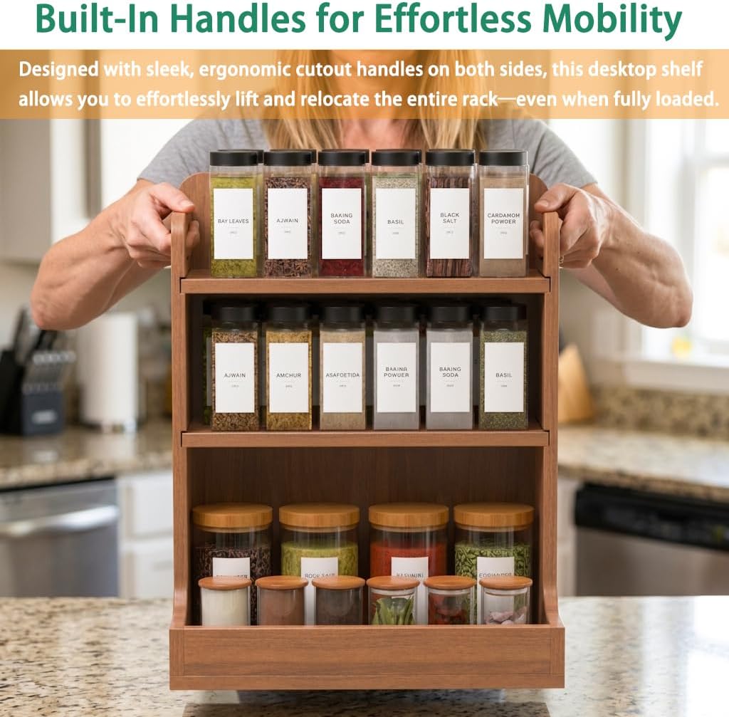 Solid Wood 3-Tier Spice Rack Countertop Organizer Kitchen Storage Shelf | Sturdy wood desktop shelf for spices, coffee