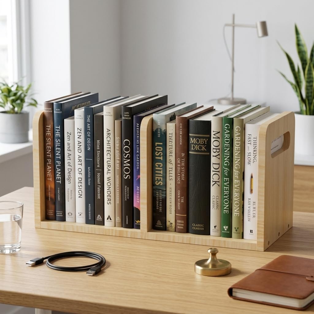 100% Solid Wood Adjustable Desktop Bookshelf / Natural Wood Color