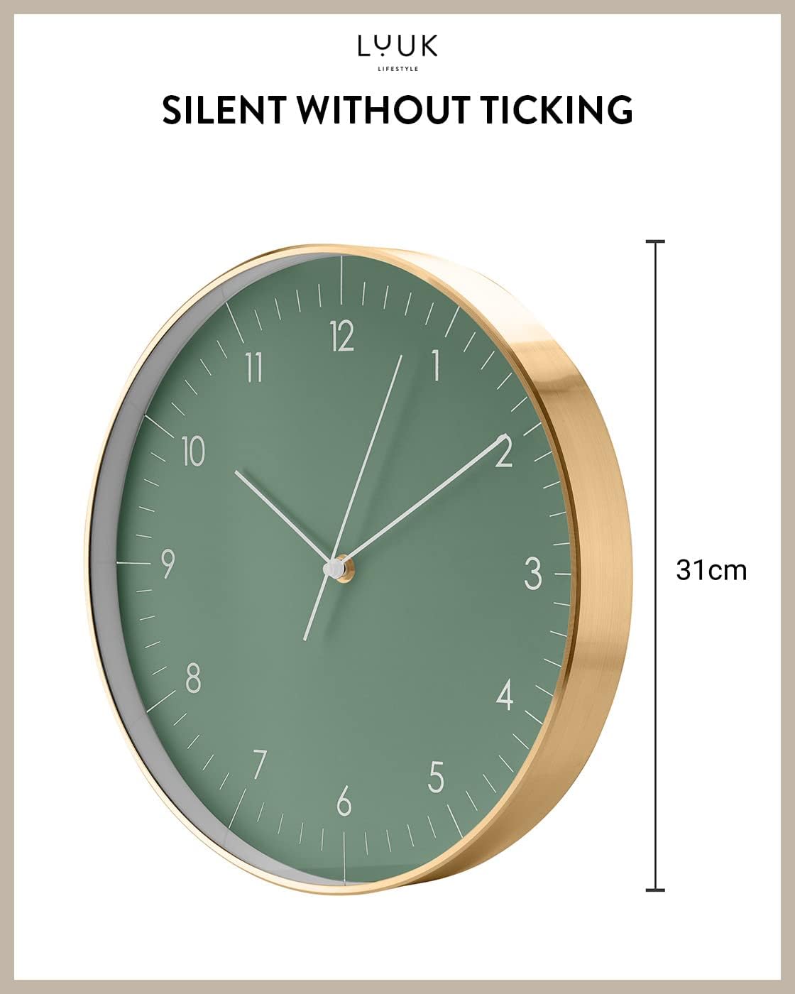 Modern Silent Quartz Wall Clock, 12in, Dark Green & Gold | Simple & Trendy, Gifting ideas, Analog, Easy-to-read