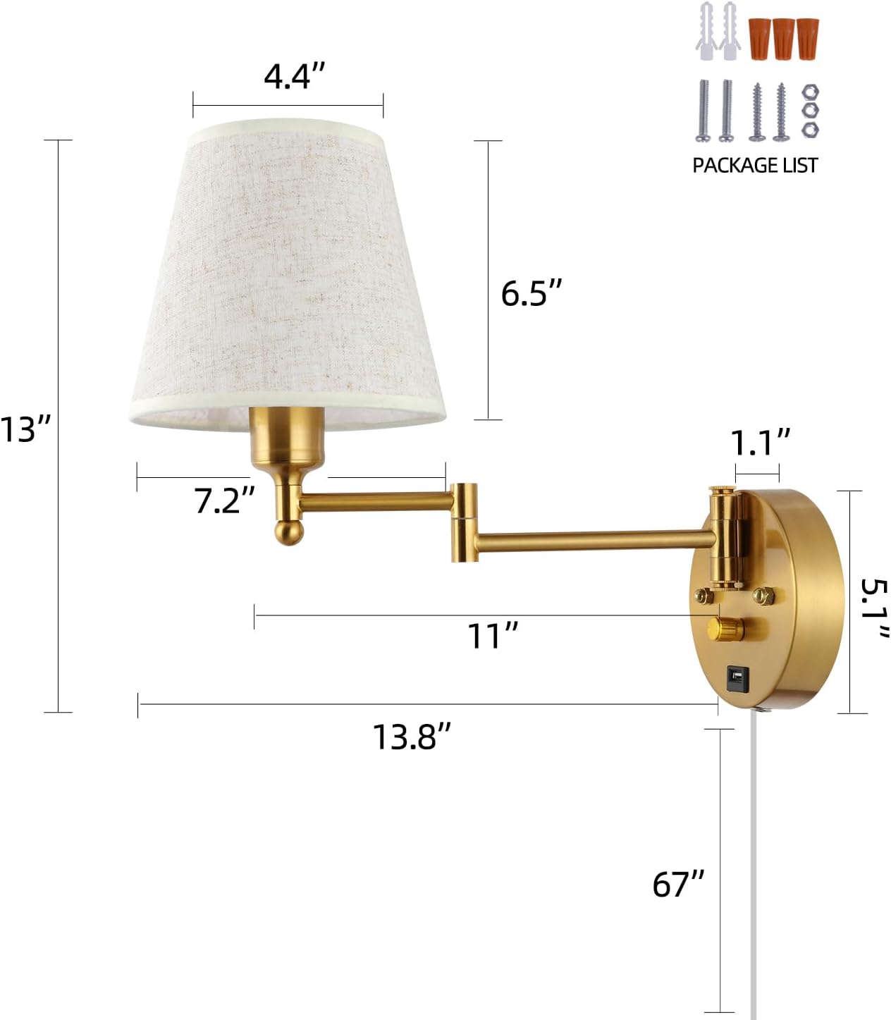 Bedside Wall Mount Light with Dimmable Switch and USB Port, Gold Swing Arm Fabric Shade Wall Sconce Light with Plug in