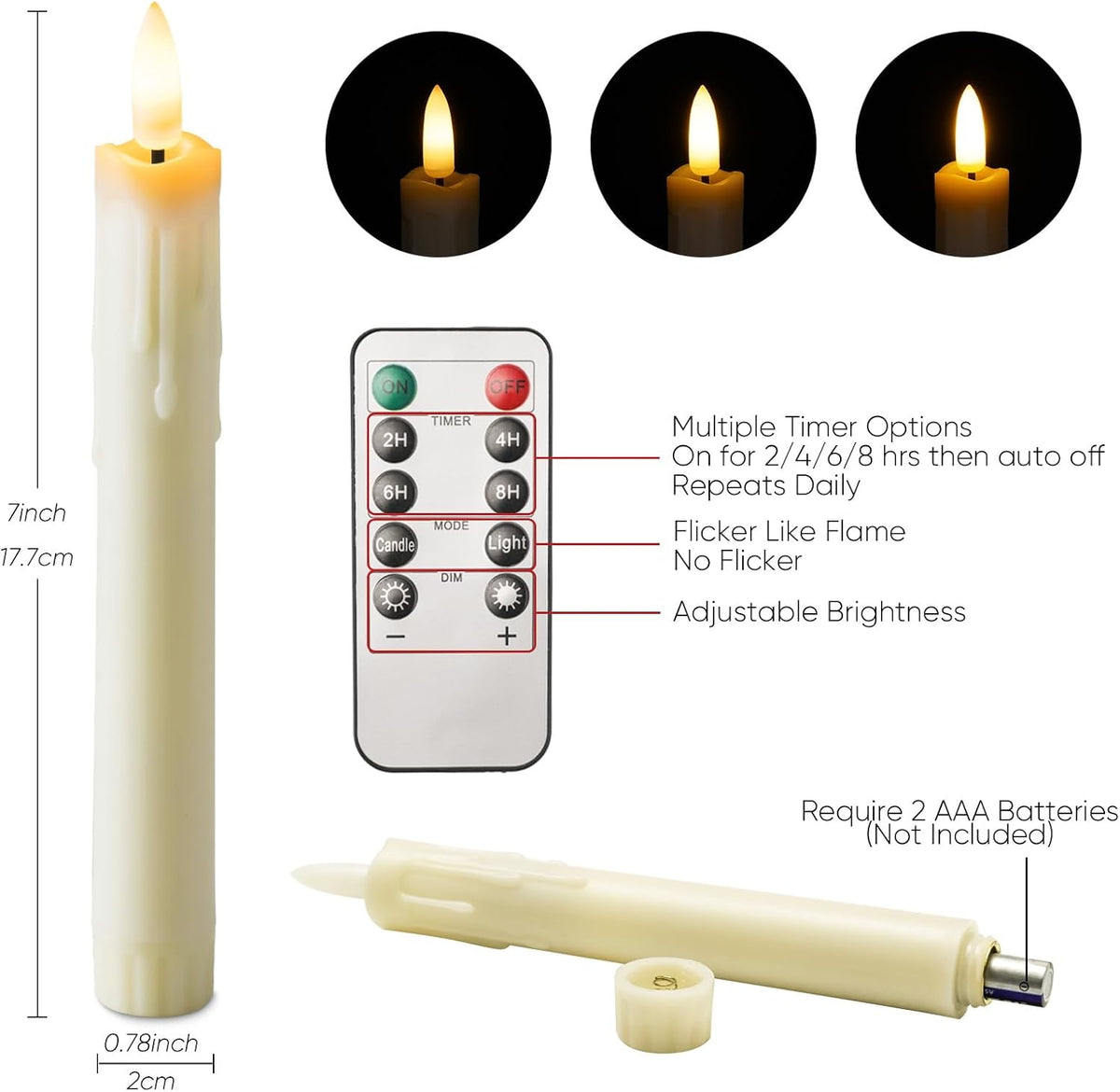 Homemory 7 Inches Flameless Taper Candles with Remote Timer, Short Led Candlesticks with 3D Flickering Light, Battery