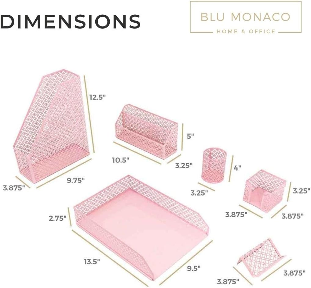 BLU MONACO Pink Desk Organizer Set | 6-Piece Metal Desktop Accessories | Mail Sorter Organizer Countertop | Letter
