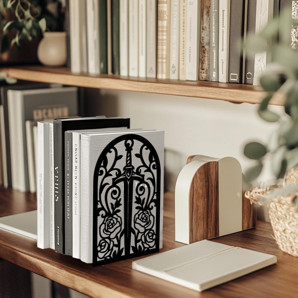 Metal Bookends / Modern Decorative Heavy Duty Study Book Support Stoppers / Sword with Vine and Rose