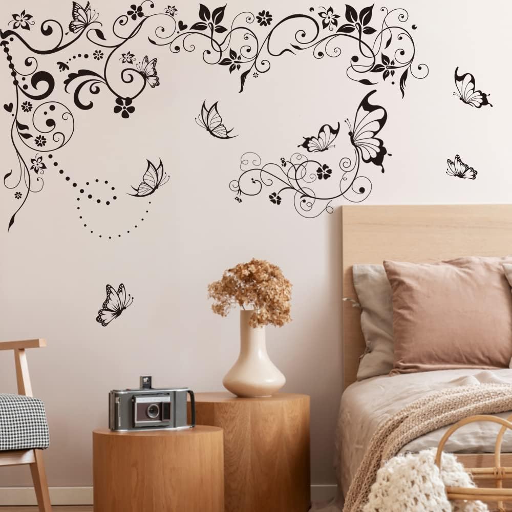 Hanging Flower Vine Wall Stickers Black Floral Butterfly Wall Decals / Black Vines Butterfly