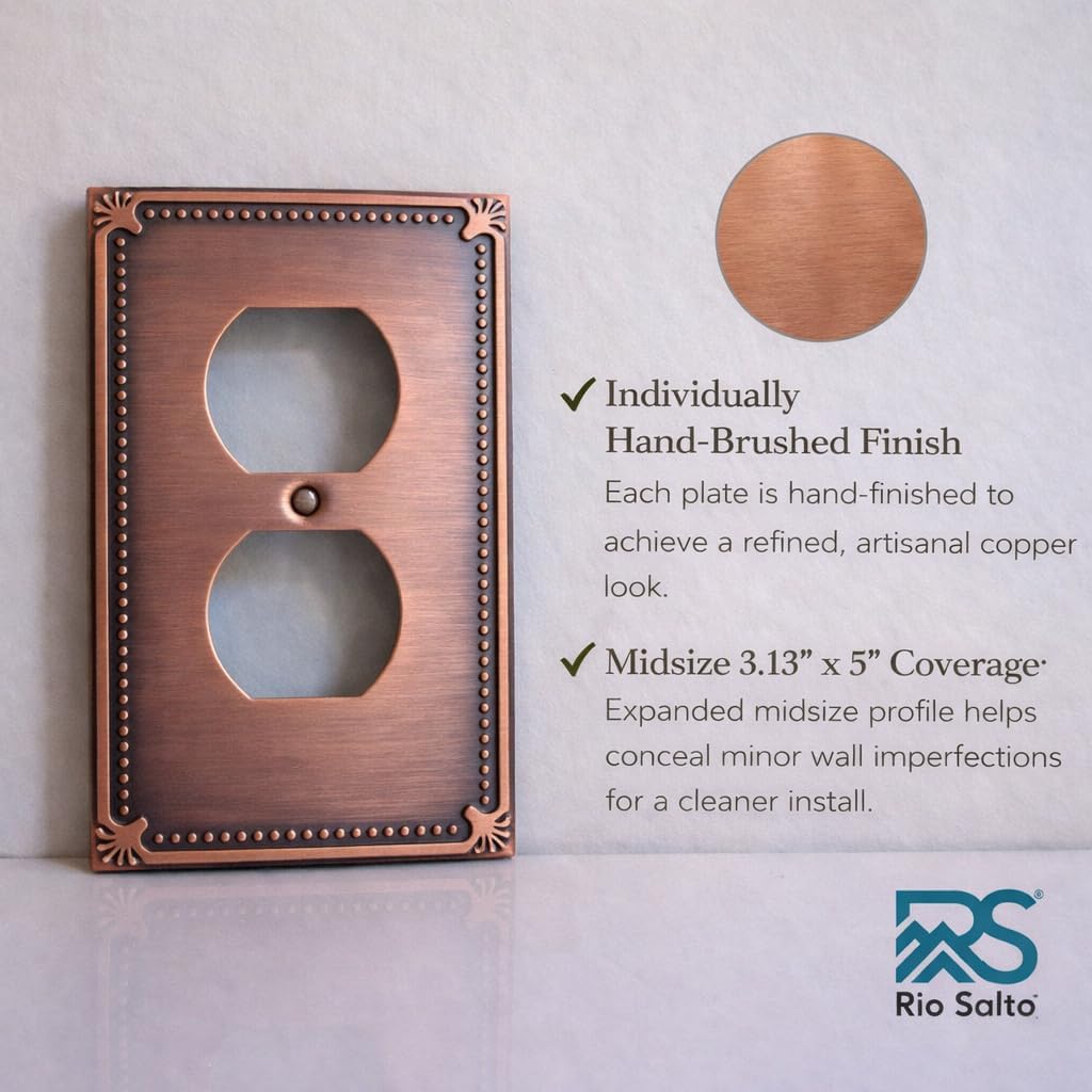 Rio Salto Antique Copper Wall Plates – Pearl Collection Midsize Duplex Outlet Cover, Heavy Gauge Metal 1-Gang Luxury
