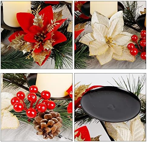 FORUP Christmas Centerpiece, Christmas Candle Holders, Christmas Tabletop Poinsettia Centerpiece with 3 Flameless Candle, Romantic Holiday Candelabrum for Home Party Christmas Table Mantel Decorations