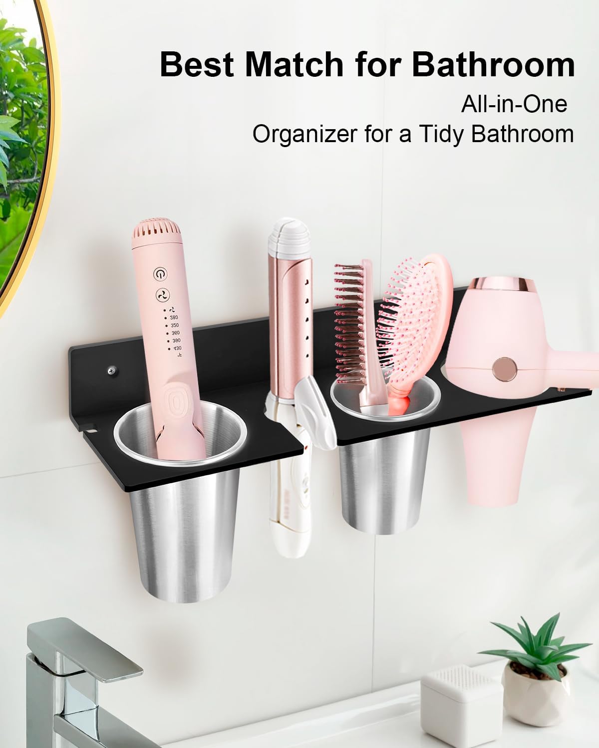 Hair Tool Organizer, Hair Dryer Holder with Heatproof Steel Cups, Acrylic Vanity Organizer for Curling Iron, Flat Iron
