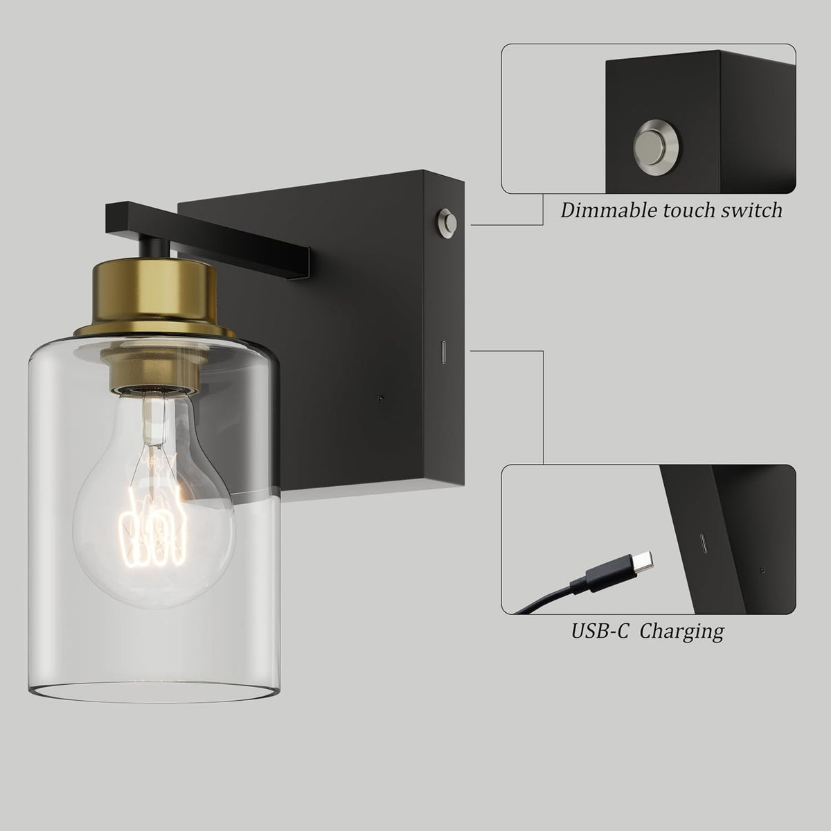Wireless Battery Operated Wall Sconce Set of Two with Remote Control | Black & Gold Dimmable Rechargeable Wall Lights