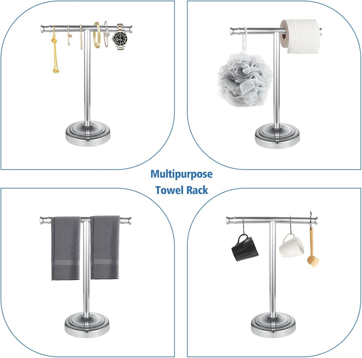 RUMOSE Polished Chrome Hand Towel Holder Stand Countertop Towel Rack | 13 Inch Bathroom Kitchen Vanity T-Shape Towel