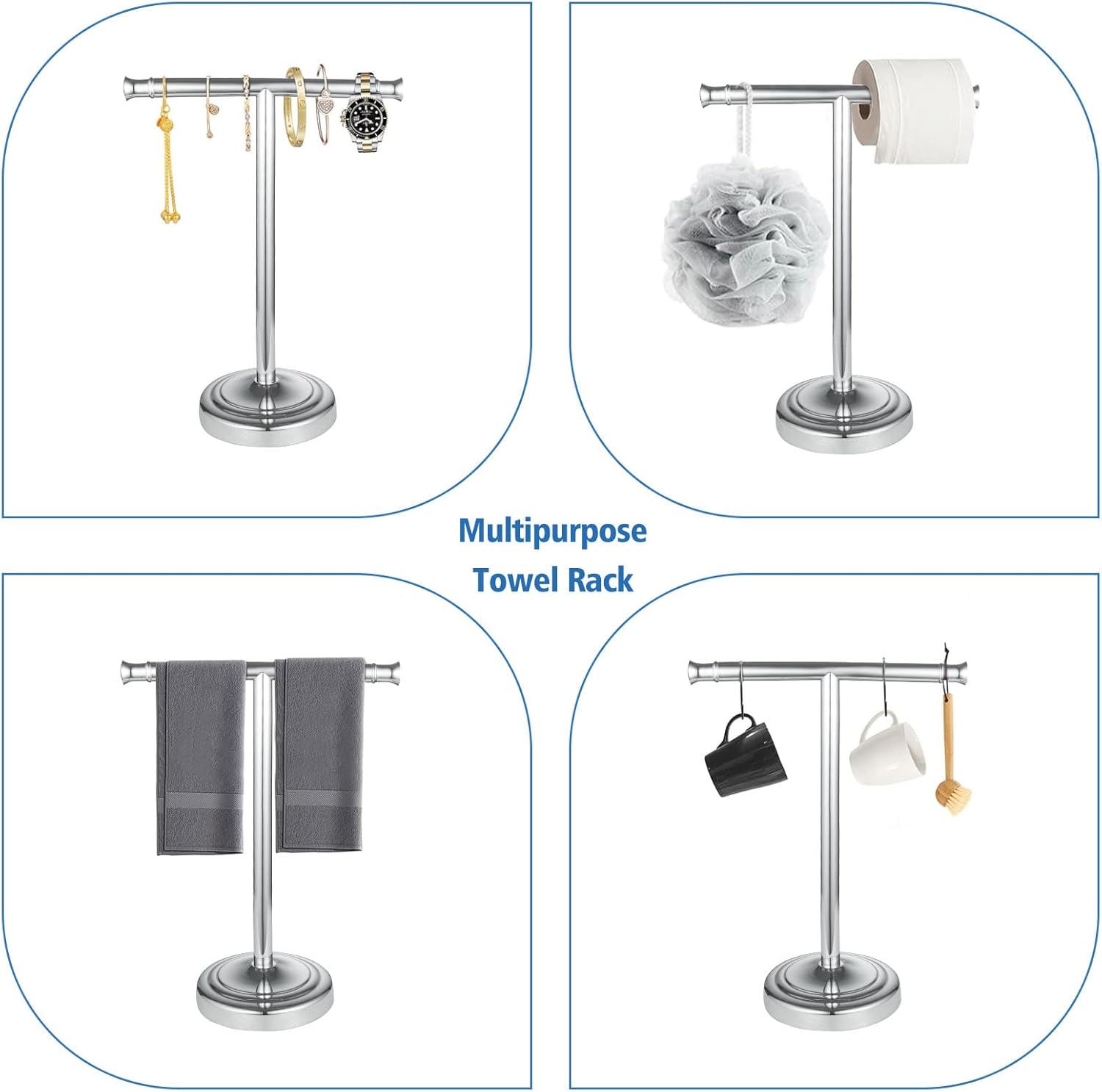 RUMOSE Polished Chrome Hand Towel Holder Stand Countertop Towel Rack | 13 Inch Bathroom Kitchen Vanity T-Shape Towel